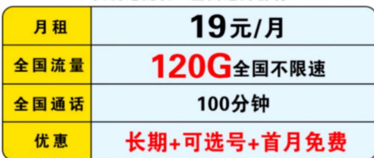 联通5G长期卡 首月免费 +120G全国流量+100分钟全国通话