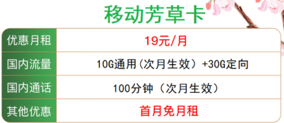 【辽宁移动】移动芳草卡 首冲50得100 40G超大流量不限速 仅需19元