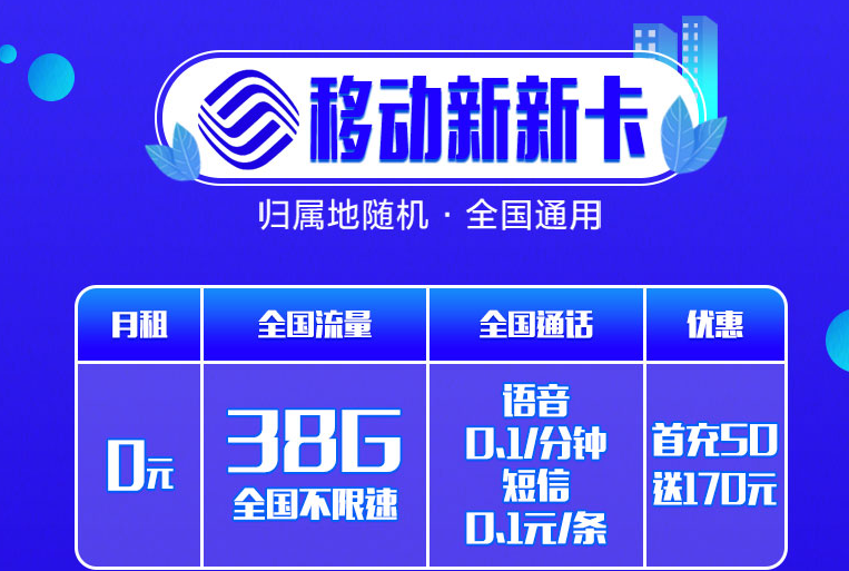 唐山移动手机卡流量卡 低至0元38G大流量享充值优惠