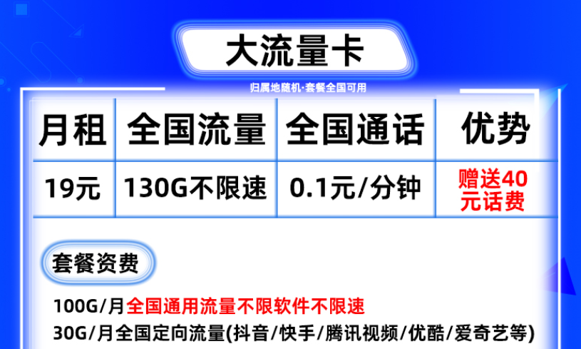 广东广州可用移动流量卡 130G流量不限速月费低至9元良心套餐