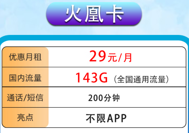 湖南联通火凰卡 纯上网无线限流量手机卡 29元143G通用流量 200分钟通话 不限APP