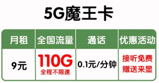 联通5G魔王卡 9元包全国110G流量+0.1分钟 全国通用 营业厅直发
