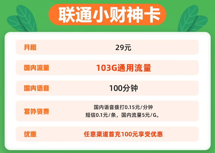 中国联通校园卡 联通小财神卡29元103G通用流量+100分钟 全国通用高速流量不限速