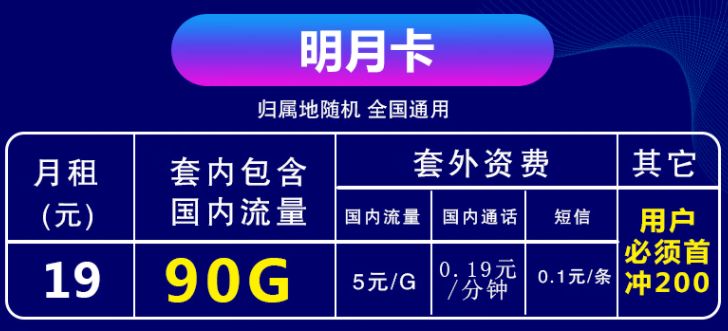 移动19元90G全国流量不限速首月免费明月卡 4人全国亲情网互打免费