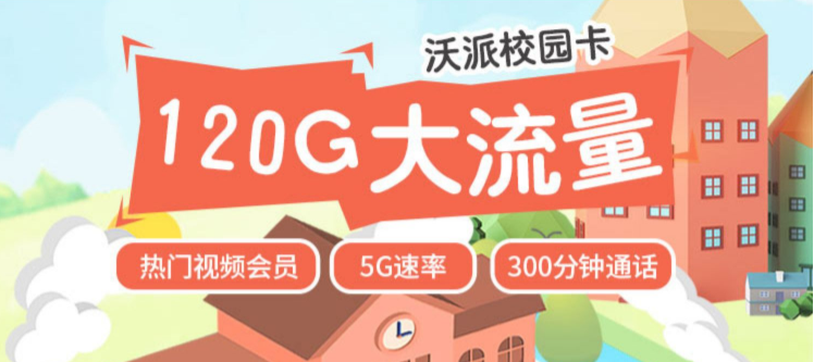 上海联通沃派校园卡 120G流量+300分钟语音5G上网速率赠送一年视频会员