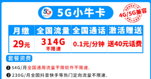 电信5G流量卡套餐推荐 小牛卡300多G全国不限速流量首月免租手机卡