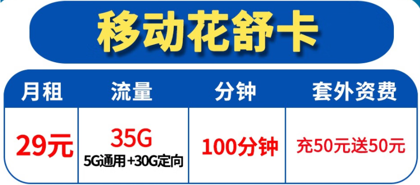 移动本地花舒卡-29元35G高速流量100分钟 套外资费充50元送50元