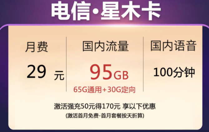 电信大流量卡 首月免月租语音+流量激活赠送话费长期套餐29元近100G流量上网卡