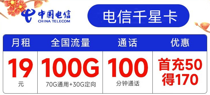 电信有哪些实用靠谱的流量卡套餐？月租19元包100G全国流量+100分钟通话 首冲50得170【电信千星卡】