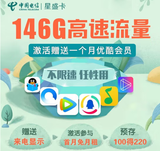 【电信星盛卡】29元/月146G不限速 激活送一个月优酷会员 预存100得220