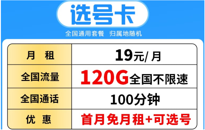 【中国电信选号卡】随时随地满足用网需求 19元120G全国不限速+100分钟全国通话 通话流量两不误
