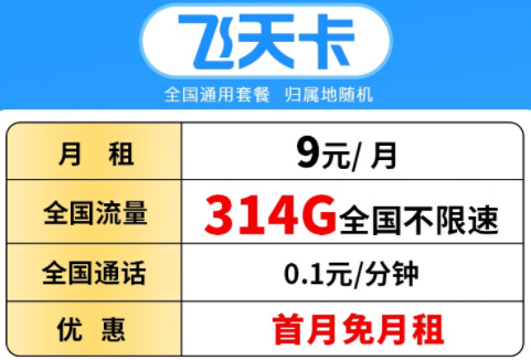 洛阳电信飞天卡 流量多到用不完 9元314G全国不限速流量+0.1元/分钟通话+首月免月租