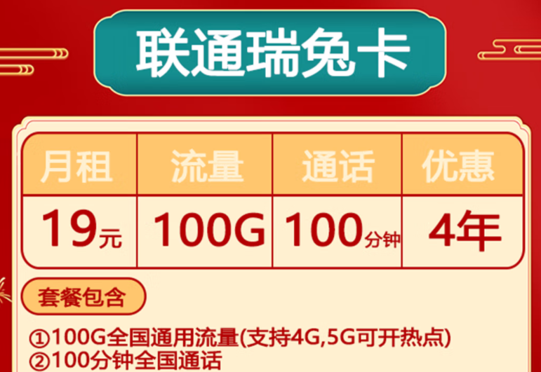 兔年顶呱呱联通流量卡 全国通用限速5G手机卡大流量低月租瑞兔卡仅需19元