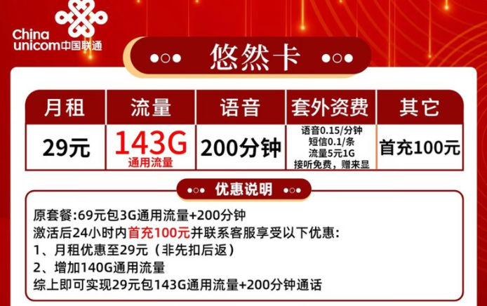 联通5G卡手机流量卡 上网卡大流量不限速校园 联通悠然卡29元包143G通用流量+200分钟