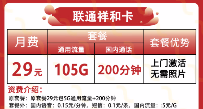 中国联通无合约的流量卡套餐推荐 联通祥和卡29元【105G通用+200分语音】