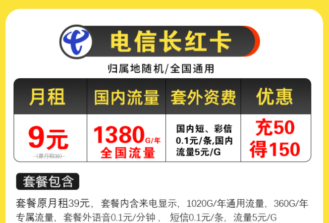 电信超值优惠套餐有哪些？电信长红卡，月租9元包含125G全国流量/月不限速手机上网卡