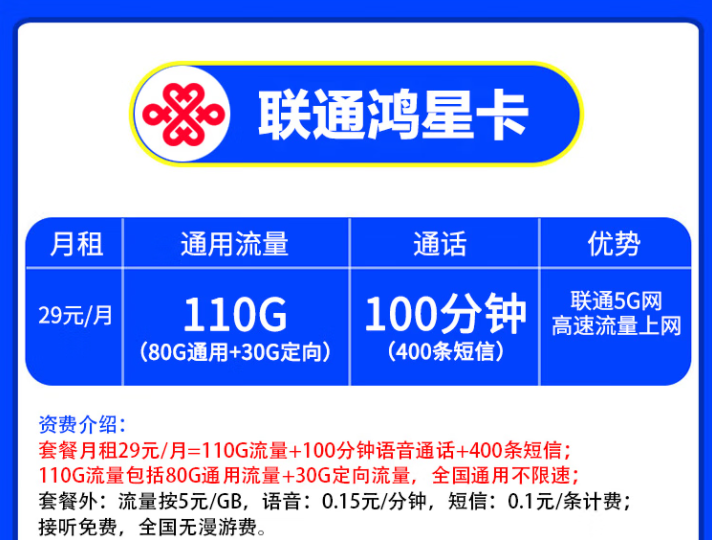 联通鸿星卡 月租29元包含80G通用+30G定向+100分通话+400条短信5G网络高速上网