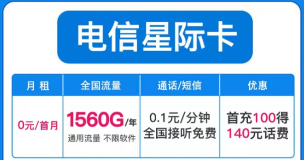 电信星际卡首月0月租纯流量上网卡19元100G通用+30G定向超适合学生的手机卡