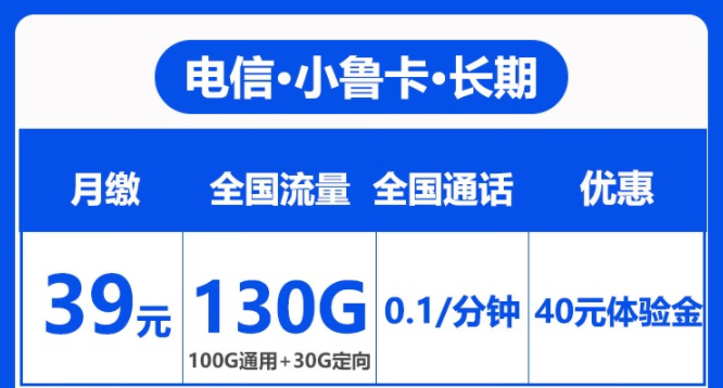 电信长期套餐|长期小鲁卡39元100G通用+30G定向流量|首免+无合约