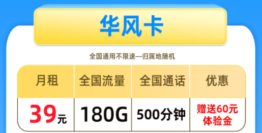 电信华风卡月租39元=150G通用+30G定向+500分语音|电信春钰卡39元=150G全国流量+500分语音