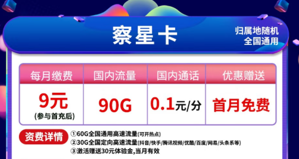 电信察星卡9元月租包90G流量|周星卡月租19元84G通用+230G定向|首月0元用