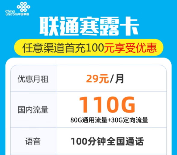 联通寒露卡29元包120G流量+100分语音|29元套餐包103G纯通用+100分通话|性价比套餐