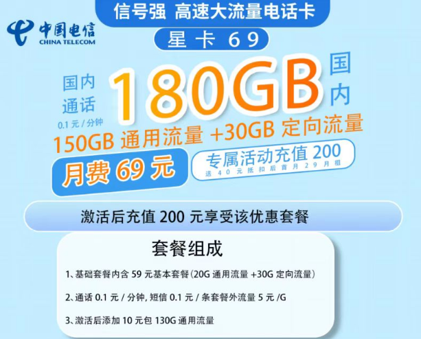 电信星卡的流量多吗？69元流量星卡套餐宝150G通用流量+30G定向|超级划算