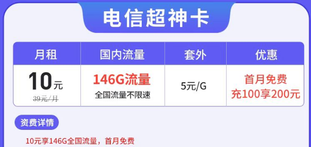 电信有没有月租很低但流量很多的套餐？电信超神卡10元146G|湘神卡29元125G+100分