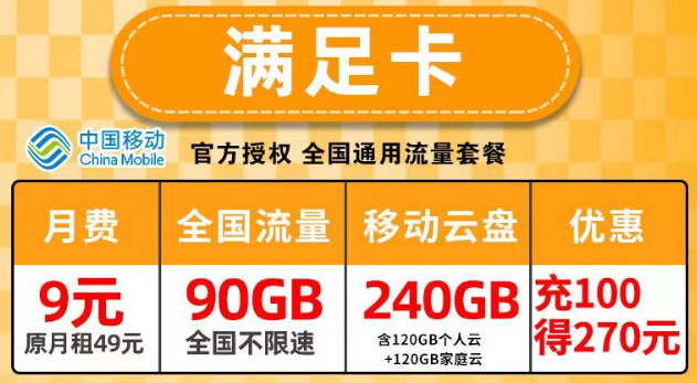 可添加亲情号的移动流量卡|移动满足卡9元月租包含90G全国流量|更有优惠权益