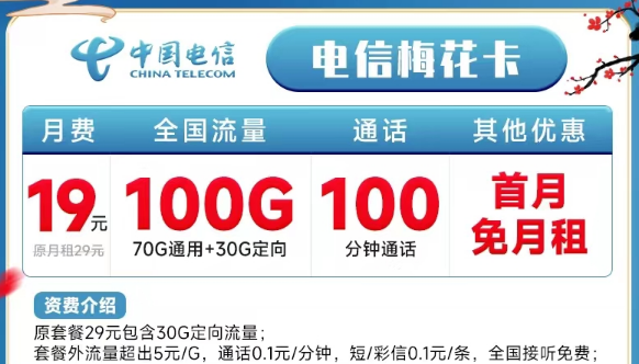 电信19元100G流量套餐|电信梅花卡|电信皖星卡19元100G通用+30G定向|流量+100分钟语音