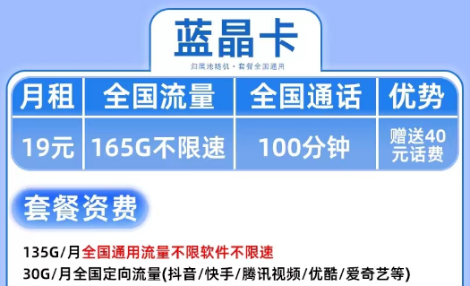 19元超优惠电信流量卡套餐|电信蓝晶卡、电信钻石卡|首月免费超大流量|抖音、腾讯随便玩