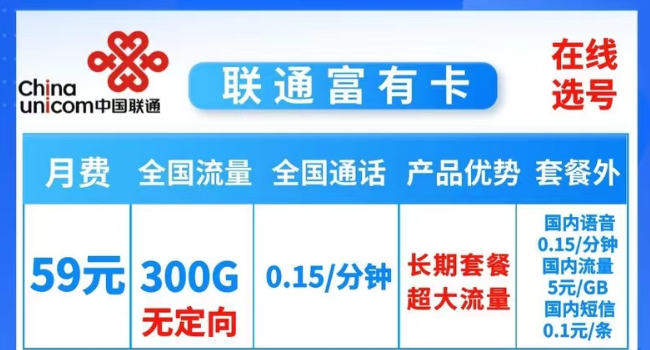 流量超多的联通富有卡59元300G|联通云地卡39元203G+200分|纯通用无定向的流量卡