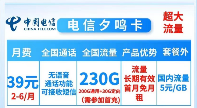 就没有流量多的电信纯流量卡了吗？当然有！电信夕鸣卡39元230G大流量|19元顺和卡165G流量