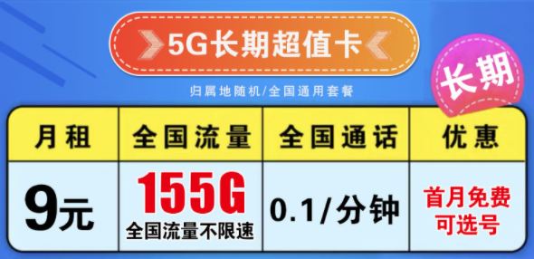 电信9元大流量卡|电信5G长期卡9元155G流量长期+电信大神卡9元185G流量