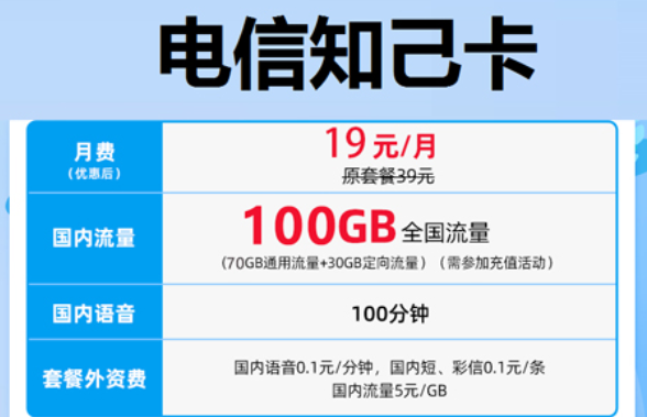 电信19元的流量卡是什么样？电信19元知己卡100G流量+100分钟语音