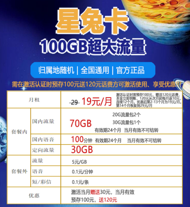 免费申请电信19元100G流量卡|电信星兔卡怎么样？