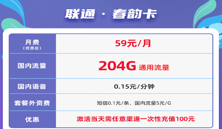 联通春韵卡+联通49.9元大流量|随充随用免费领取